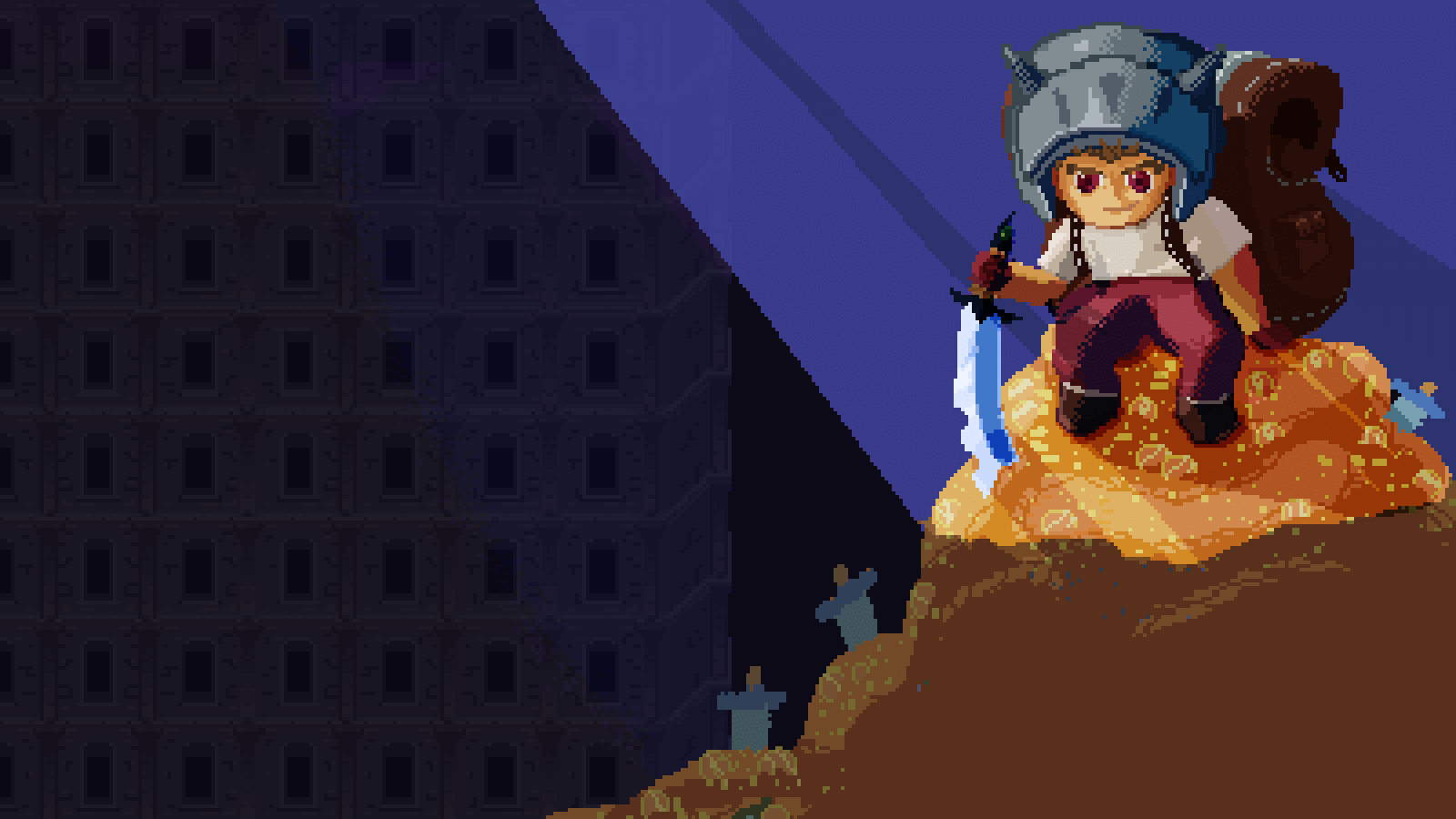 The hero on a pile of gold beside the tower